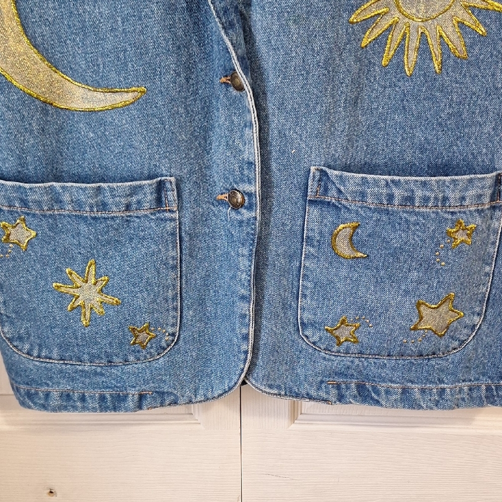 Vintage Sunbelt Denim Jean Jacket -Painted Gold Celestial Design -L- Blue / Gold - Picture 6 of 11